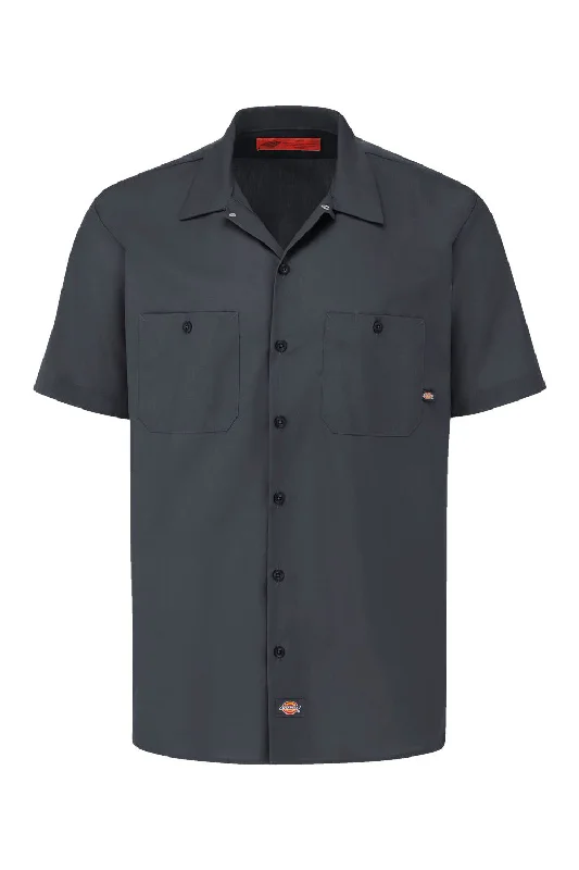 Dickies Mens Industrial Wrinkle Resistant Short Sleeve Button Down Work Shirt w/ Double Pockets - Dark Charcoal Grey - NEW