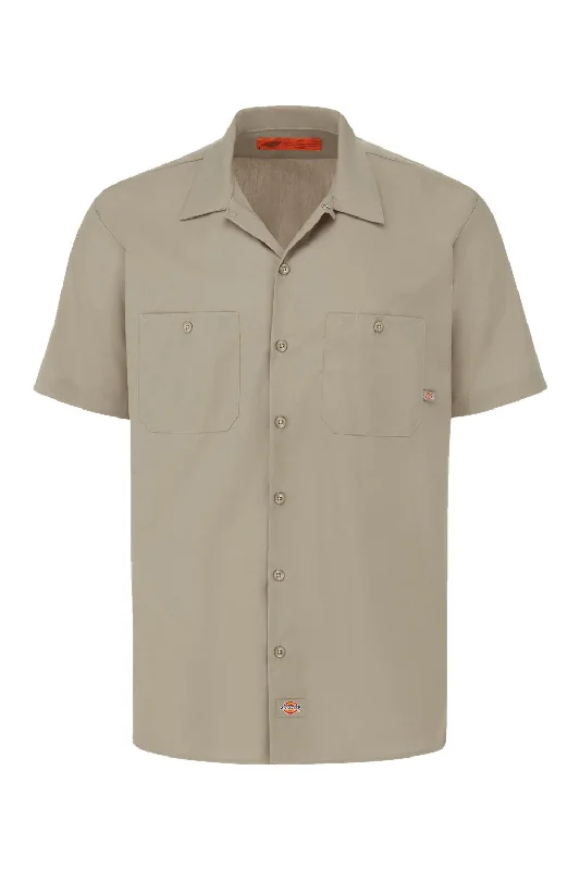 Dickies Mens Industrial Wrinkle Resistant Short Sleeve Button Down Work Shirt w/ Double Pockets - Desert Sand - NEW