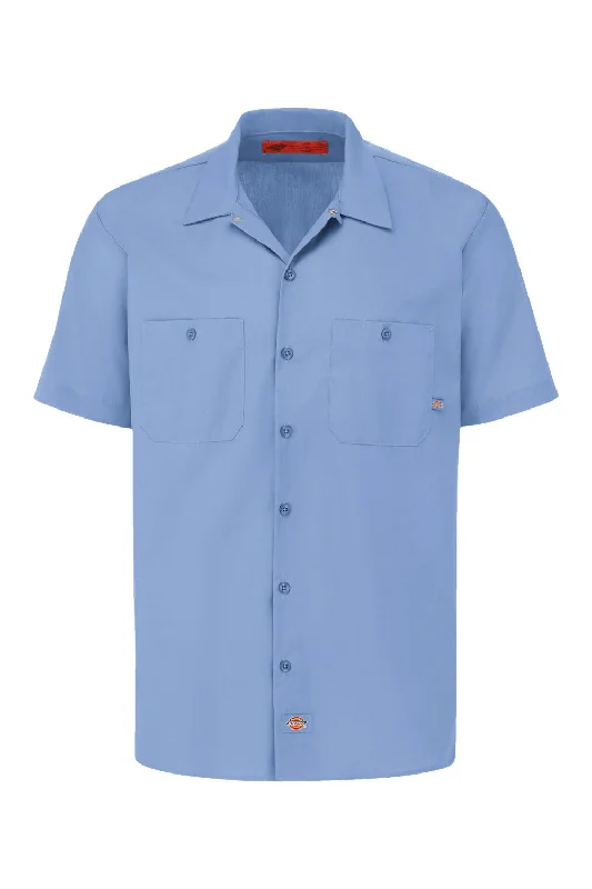 Dickies Mens Industrial Wrinkle Resistant Short Sleeve Button Down Work Shirt w/ Double Pockets - Light Blue - NEW