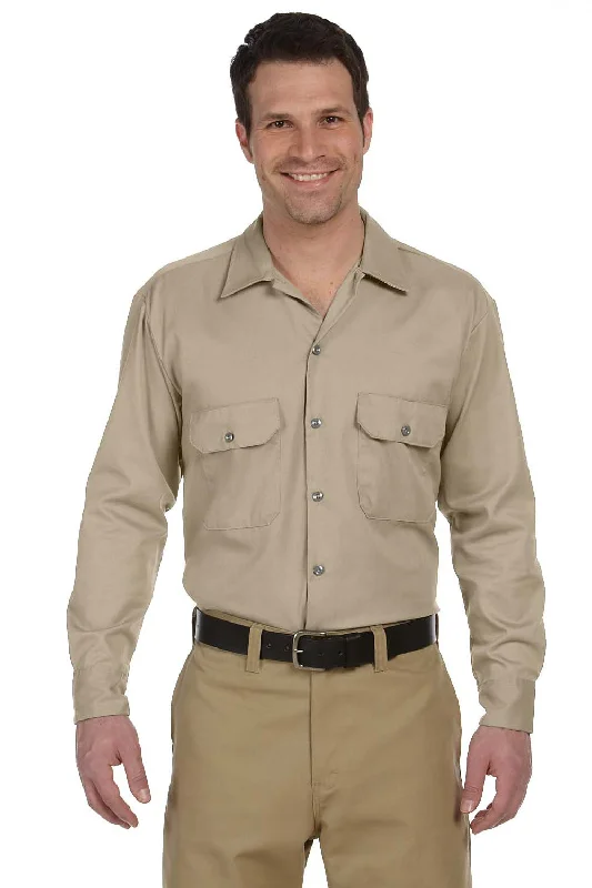 Dickies Mens Moisture Wicking Long Sleeve Button Down Shirt w/ Double Pockets - Khaki