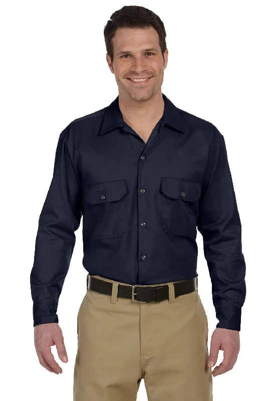 Dickies Mens Moisture Wicking Long Sleeve Button Down Shirt w/ Double Pockets - Dark Navy Blue