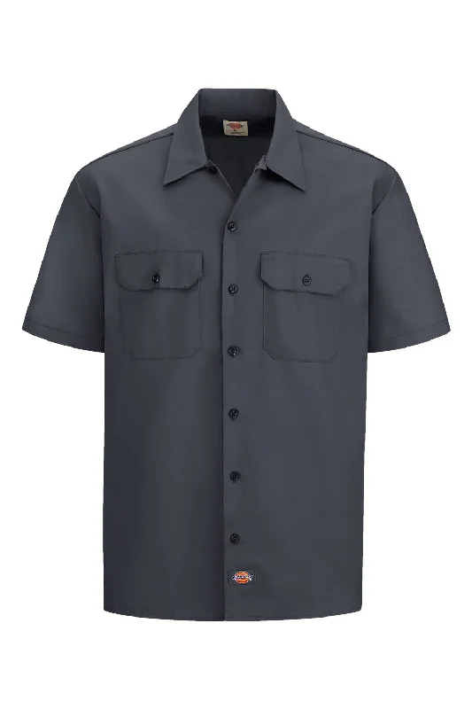 Dickies Mens Moisture Wicking Short Sleeve Button Down Work Shirt w/ Double Pockets - Charcoal Grey - NEW