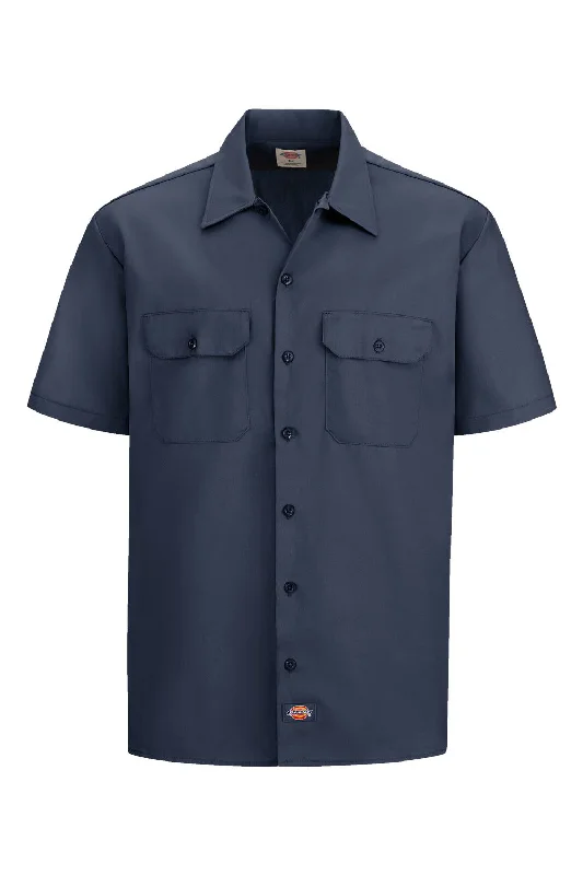 Dickies Mens Moisture Wicking Short Sleeve Button Down Work Shirt w/ Double Pockets - Dark Navy Blue - NEW