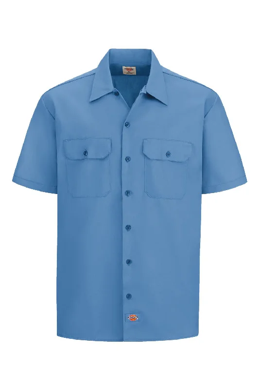 Dickies Mens Moisture Wicking Short Sleeve Button Down Work Shirt w/ Double Pockets - Gulf Blue - NEW