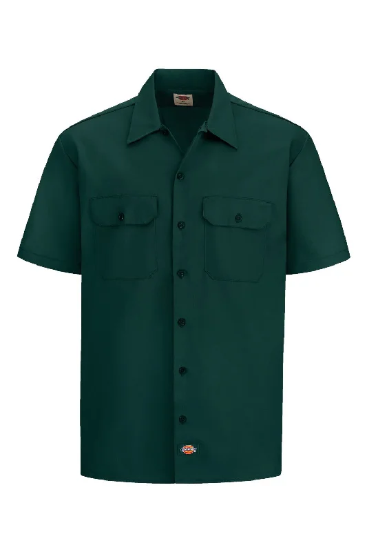 Dickies Mens Moisture Wicking Short Sleeve Button Down Work Shirt w/ Double Pockets - Hunter Green - NEW