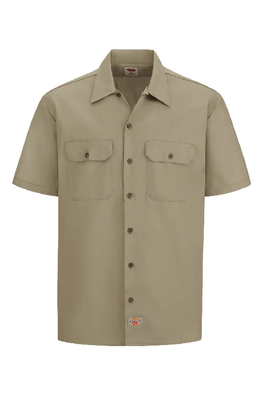 Dickies Mens Moisture Wicking Short Sleeve Button Down Work Shirt w/ Double Pockets - Khaki - NEW