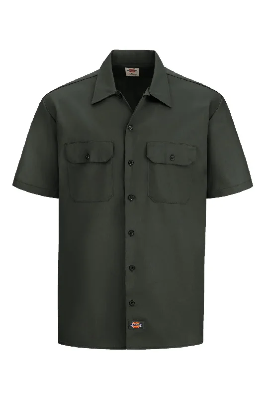 Dickies Mens Moisture Wicking Short Sleeve Button Down Work Shirt w/ Double Pockets - Olive Green - NEW