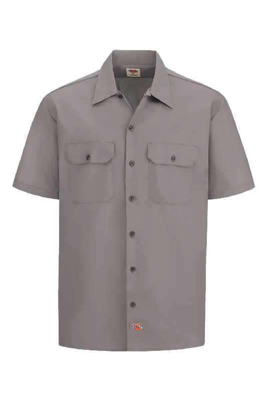 Dickies Mens Moisture Wicking Short Sleeve Button Down Work Shirt w/ Double Pockets - Silver Grey - NEW