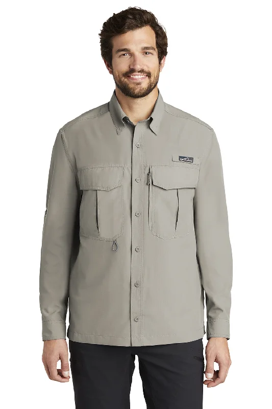 Eddie Bauer Mens Performance Fishing Moisture Wicking Long Sleeve Button Down Shirt w/ Double Pockets - Driftwood