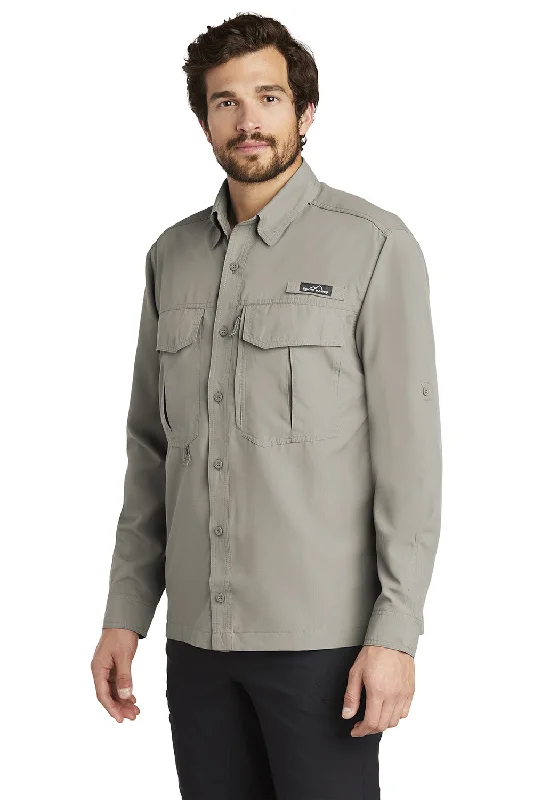 Eddie Bauer Mens Performance Fishing Moisture Wicking Long Sleeve Button Down Shirt w/ Double Pockets - Driftwood