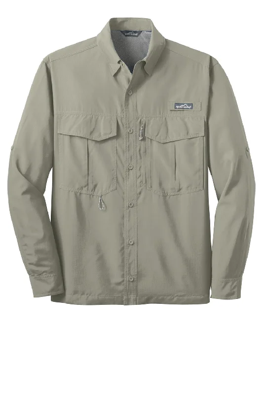 Eddie Bauer Mens Performance Fishing Moisture Wicking Long Sleeve Button Down Shirt w/ Double Pockets - Driftwood