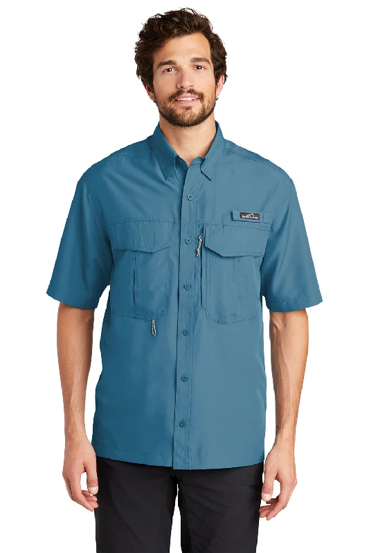 Eddie Bauer Mens Performance Fishing Moisture Wicking Short Sleeve Button Down Shirt w/ Double Pockets - Gulf Teal Blue