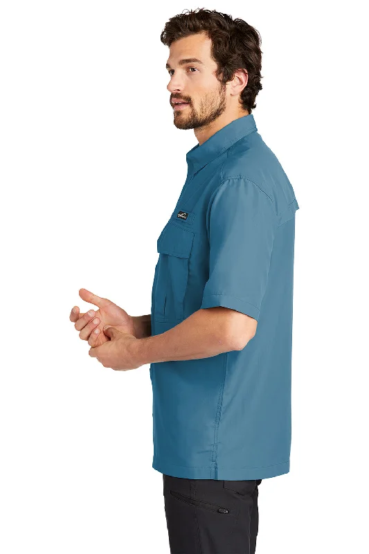 Eddie Bauer Mens Performance Fishing Moisture Wicking Short Sleeve Button Down Shirt w/ Double Pockets - Gulf Teal Blue