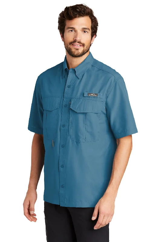 Eddie Bauer Mens Performance Fishing Moisture Wicking Short Sleeve Button Down Shirt w/ Double Pockets - Gulf Teal Blue