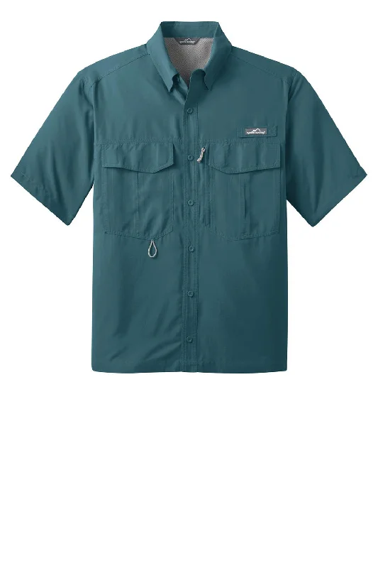 Eddie Bauer Mens Performance Fishing Moisture Wicking Short Sleeve Button Down Shirt w/ Double Pockets - Gulf Teal Blue