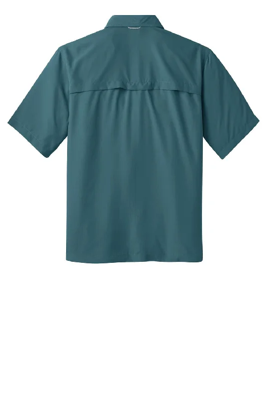 Eddie Bauer Mens Performance Fishing Moisture Wicking Short Sleeve Button Down Shirt w/ Double Pockets - Gulf Teal Blue