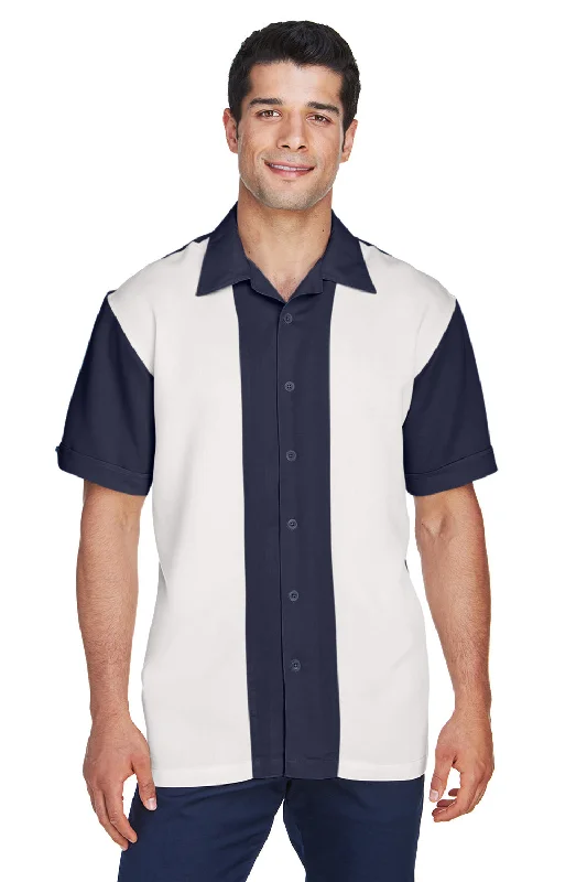 Harriton Mens Bahama Wrinkle Resistant Short Sleeve Button Down Camp Shirt - Navy Blue/Cream