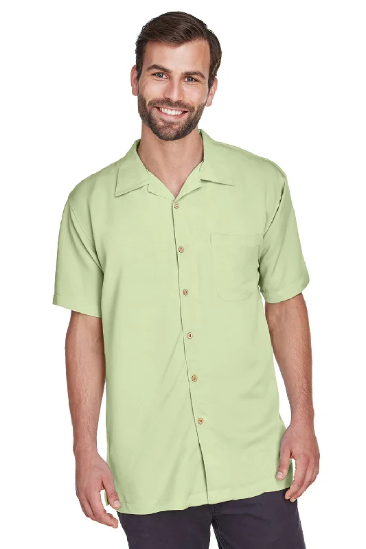 Harriton Mens Bahama Wrinkle Resistant Short Sleeve Button Down Camp Shirt w/ Pocket - Mist Green