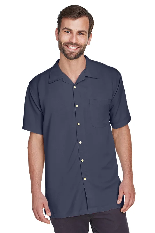 Harriton Mens Bahama Wrinkle Resistant Short Sleeve Button Down Camp Shirt w/ Pocket - Navy Blue