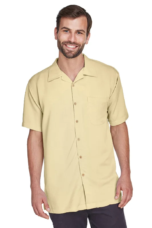 Harriton Mens Bahama Wrinkle Resistant Short Sleeve Button Down Camp Shirt w/ Pocket - Sand