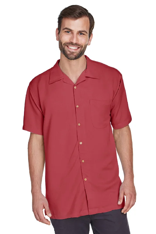 Harriton Mens Bahama Wrinkle Resistant Short Sleeve Button Down Camp Shirt w/ Pocket - Tile Red