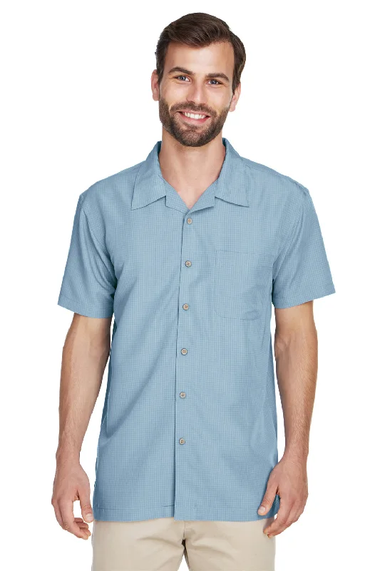 Harriton Mens Barbados Wrinkle Resistant Short Sleeve Button Down Camp Shirt w/ Pocket - Cloud Blue