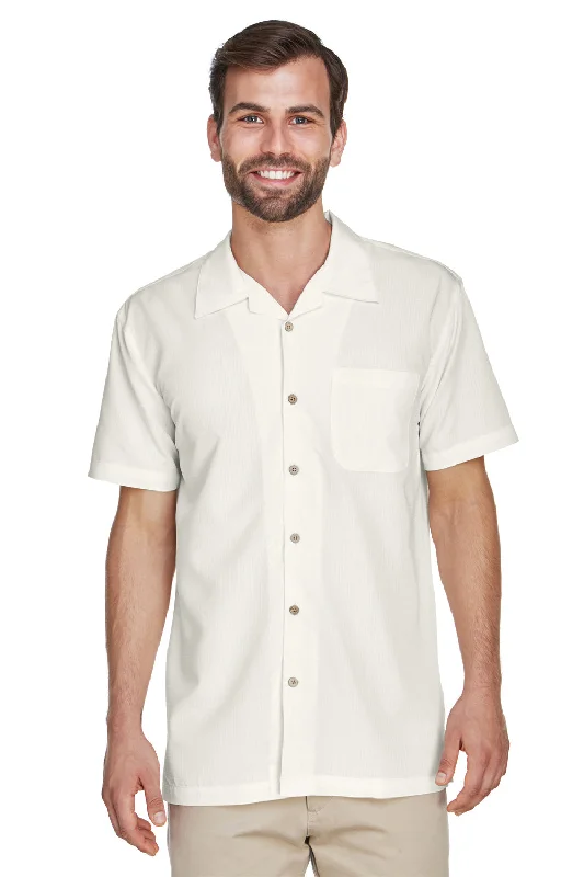 Harriton Mens Barbados Wrinkle Resistant Short Sleeve Button Down Camp Shirt w/ Pocket - Cream