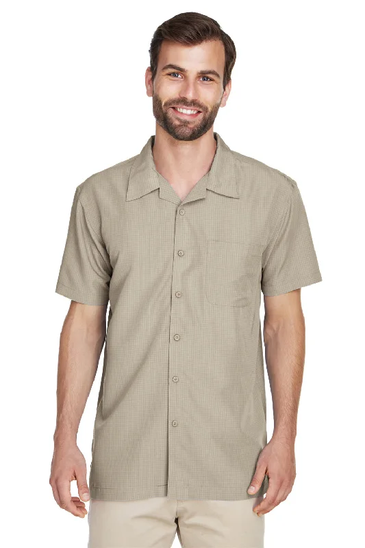 Harriton Mens Barbados Wrinkle Resistant Short Sleeve Button Down Camp Shirt w/ Pocket - Khaki