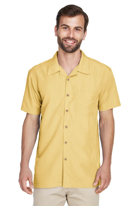 Harriton Mens Barbados Wrinkle Resistant Short Sleeve Button Down Camp Shirt w/ Pocket - Pineapple Yellow