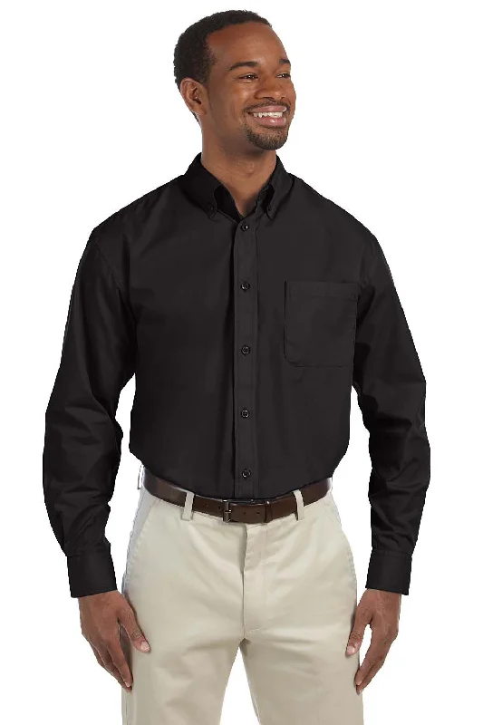 Harriton Mens Essential Long Sleeve Button Down Shirt w/ Pocket - Black