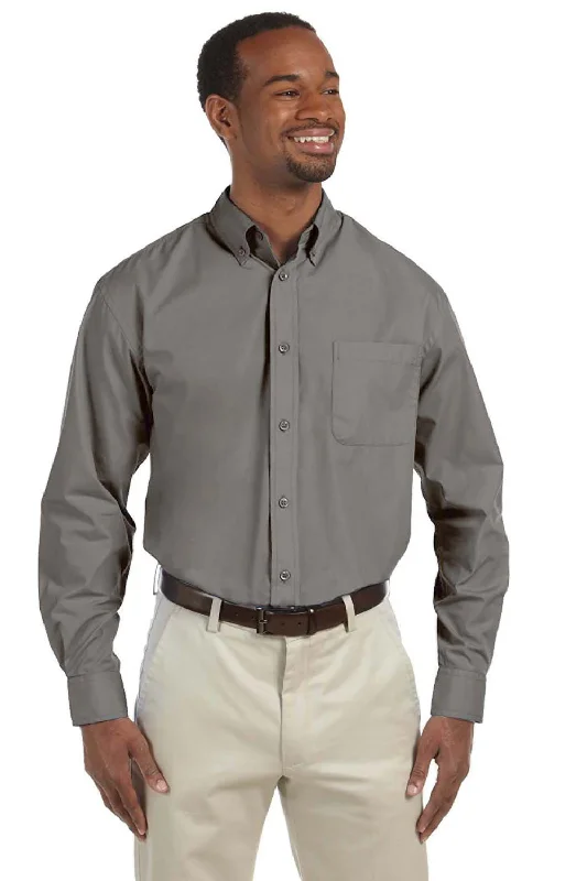 Harriton Mens Essential Long Sleeve Button Down Shirt w/ Pocket - Dark Grey