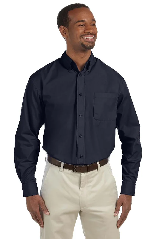 Harriton Mens Essential Long Sleeve Button Down Shirt w/ Pocket - Navy Blue