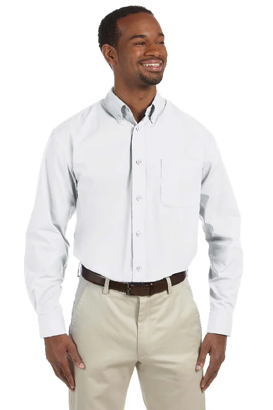 Harriton Mens Essential Long Sleeve Button Down Shirt w/ Pocket - White