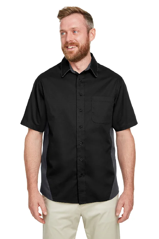 Harriton Mens Flash Colorblock Wrinkle Resistant Short Sleeve Button Down Shirt w/ Pocket - Black/Dark Charcoal Grey