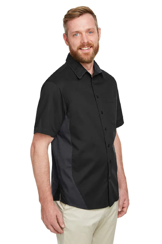 Harriton Mens Flash Colorblock Wrinkle Resistant Short Sleeve Button Down Shirt w/ Pocket - Black/Dark Charcoal Grey