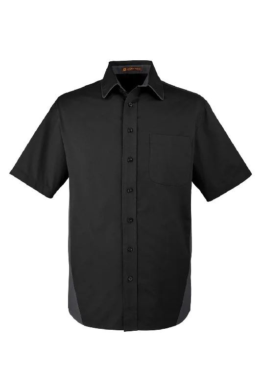 Harriton Mens Flash Colorblock Wrinkle Resistant Short Sleeve Button Down Shirt w/ Pocket - Black/Dark Charcoal Grey