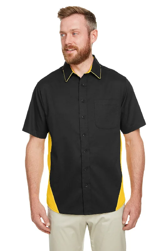 Harriton Mens Flash Colorblock Wrinkle Resistant Short Sleeve Button Down Shirt w/ Pocket - Black/Sunray Yellow