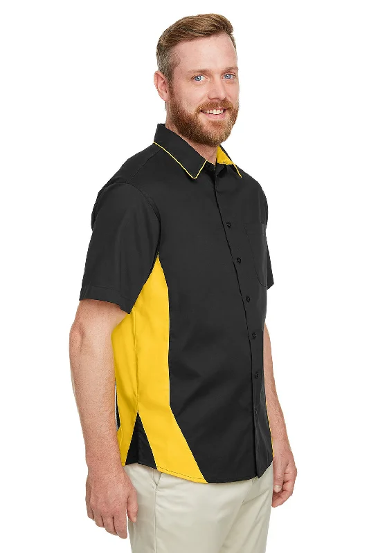 Harriton Mens Flash Colorblock Wrinkle Resistant Short Sleeve Button Down Shirt w/ Pocket - Black/Sunray Yellow