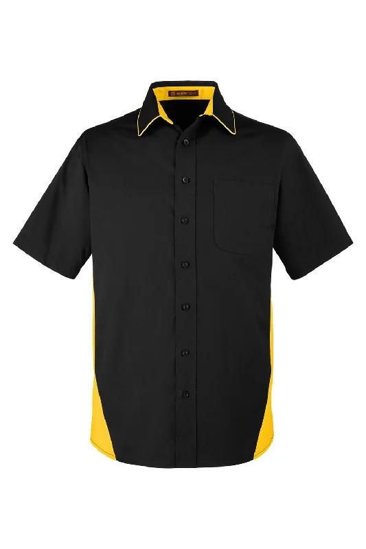 Harriton Mens Flash Colorblock Wrinkle Resistant Short Sleeve Button Down Shirt w/ Pocket - Black/Sunray Yellow