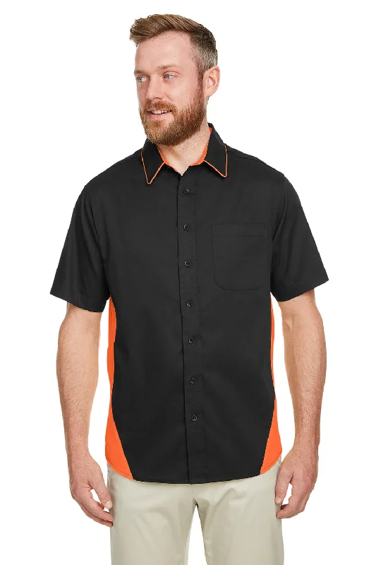 Harriton Mens Flash Colorblock Wrinkle Resistant Short Sleeve Button Down Shirt w/ Pocket - Black/Team Orange