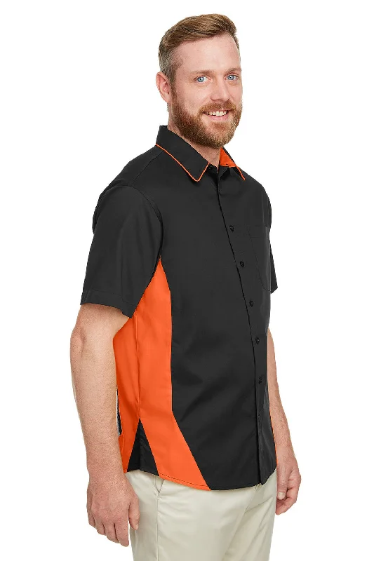 Harriton Mens Flash Colorblock Wrinkle Resistant Short Sleeve Button Down Shirt w/ Pocket - Black/Team Orange