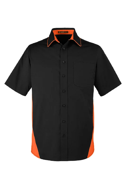 Harriton Mens Flash Colorblock Wrinkle Resistant Short Sleeve Button Down Shirt w/ Pocket - Black/Team Orange