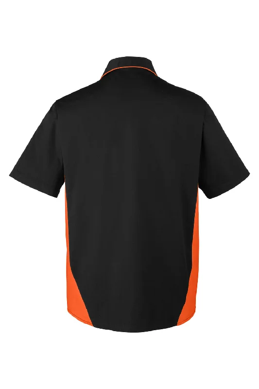 Harriton Mens Flash Colorblock Wrinkle Resistant Short Sleeve Button Down Shirt w/ Pocket - Black/Team Orange