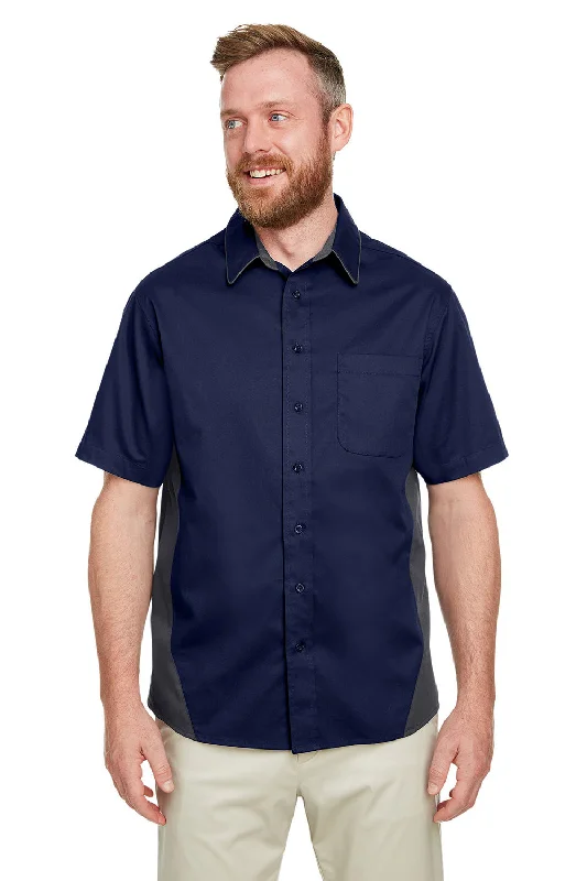 Harriton Mens Flash Colorblock Wrinkle Resistant Short Sleeve Button Down Shirt w/ Pocket - Dark Navy Blue/Dark Charcoal Grey