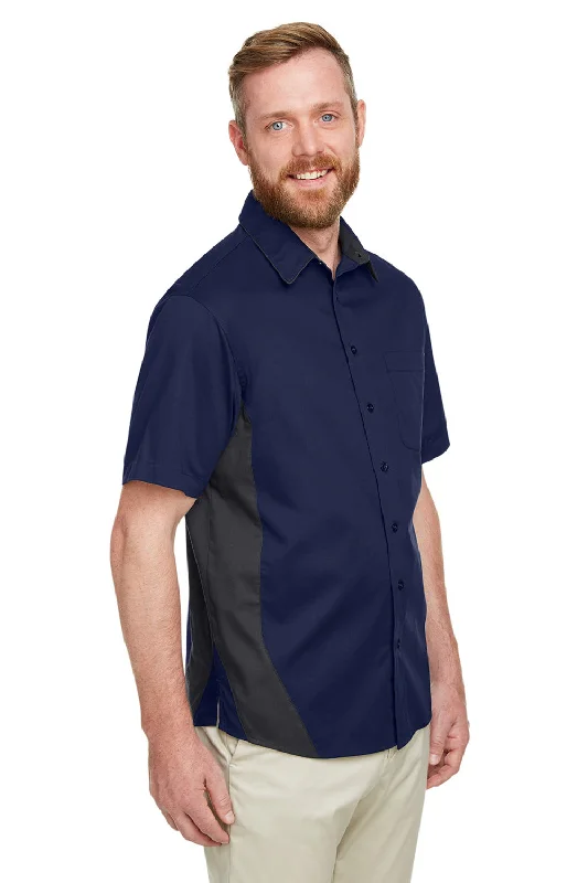 Harriton Mens Flash Colorblock Wrinkle Resistant Short Sleeve Button Down Shirt w/ Pocket - Dark Navy Blue/Dark Charcoal Grey