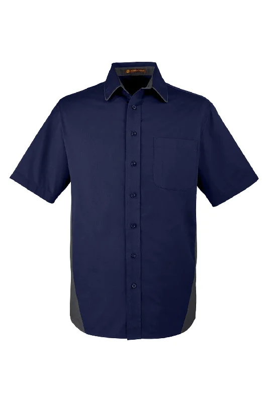 Harriton Mens Flash Colorblock Wrinkle Resistant Short Sleeve Button Down Shirt w/ Pocket - Dark Navy Blue/Dark Charcoal Grey