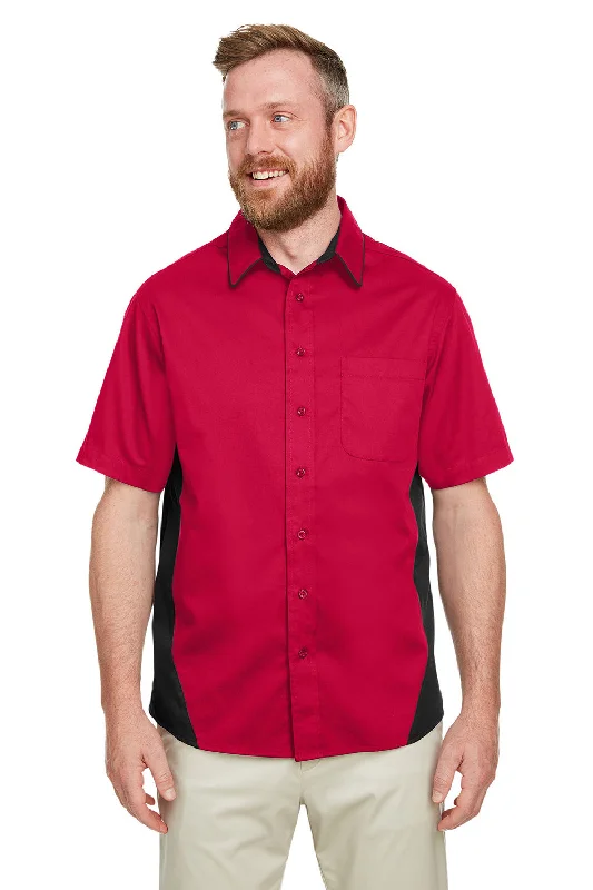 Harriton Mens Flash Colorblock Wrinkle Resistant Short Sleeve Button Down Shirt w/ Pocket - Red/Black