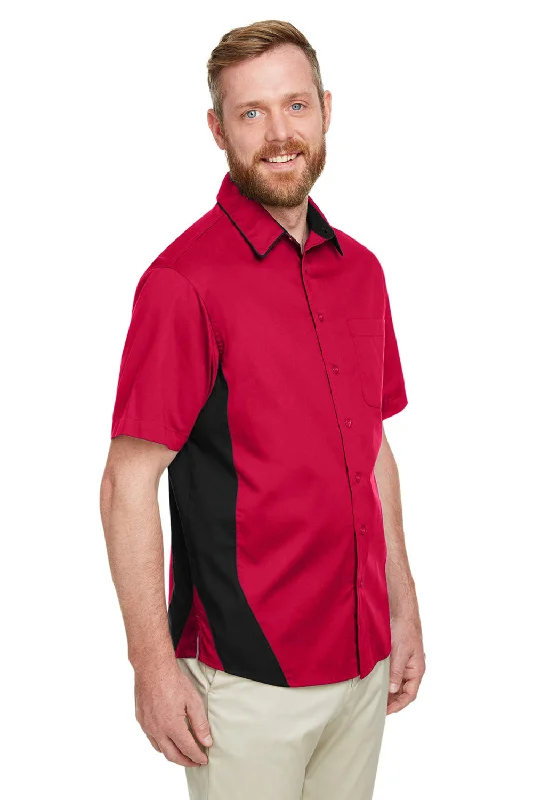 Harriton Mens Flash Colorblock Wrinkle Resistant Short Sleeve Button Down Shirt w/ Pocket - Red/Black