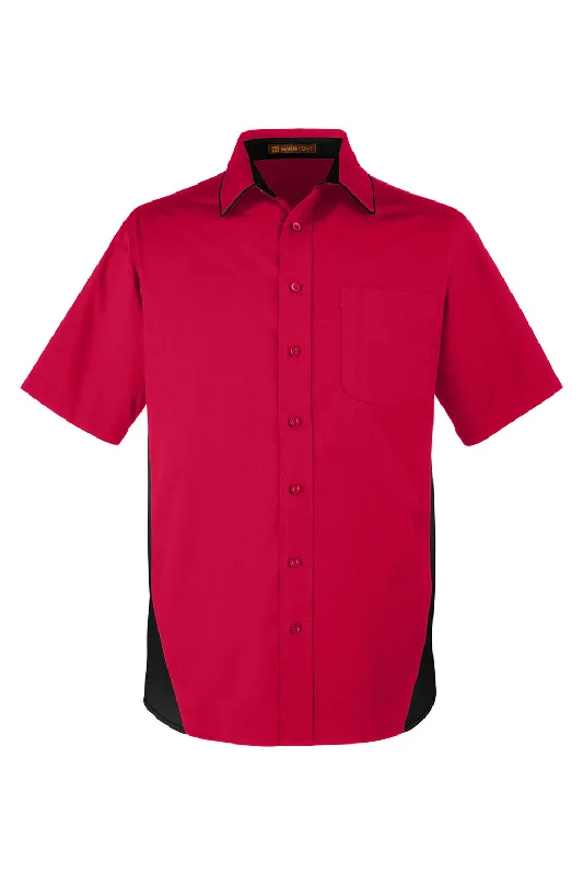 Harriton Mens Flash Colorblock Wrinkle Resistant Short Sleeve Button Down Shirt w/ Pocket - Red/Black