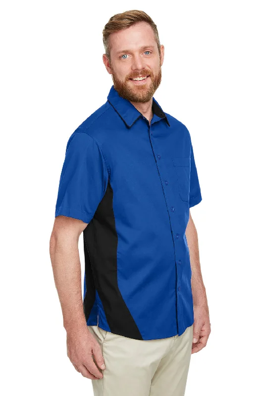 Harriton Mens Flash Colorblock Wrinkle Resistant Short Sleeve Button Down Shirt w/ Pocket - True Royal Blue/Black